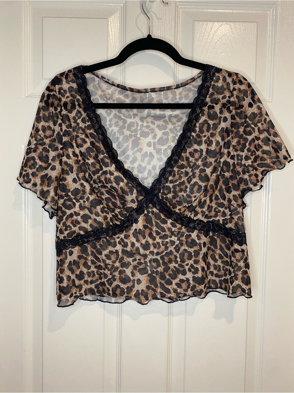 Leopard Print V-Neck with Lace Trim Crop Top